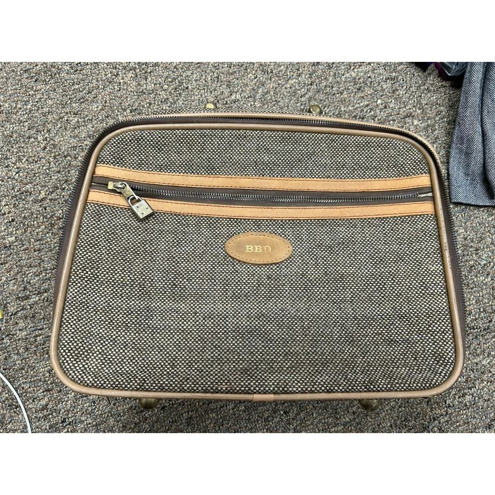 Suitcase Solight Leather & Tweed World's Lightest Luggage 17 X 14 X 6 Vtg Fulton